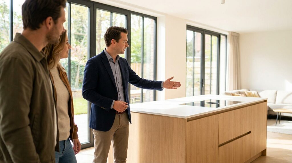 Aankoopmakelaar toont een woning aan twee kijkers