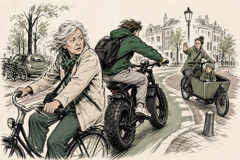 Illustratie: oudere fietsster kijkt om terwijl een fatbike haar rakelings passeert op een Nederlands fietspad
