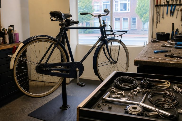 Donkerblauwe stadsfiets in een montagestandaard naast een lade met kabels en onderdelen