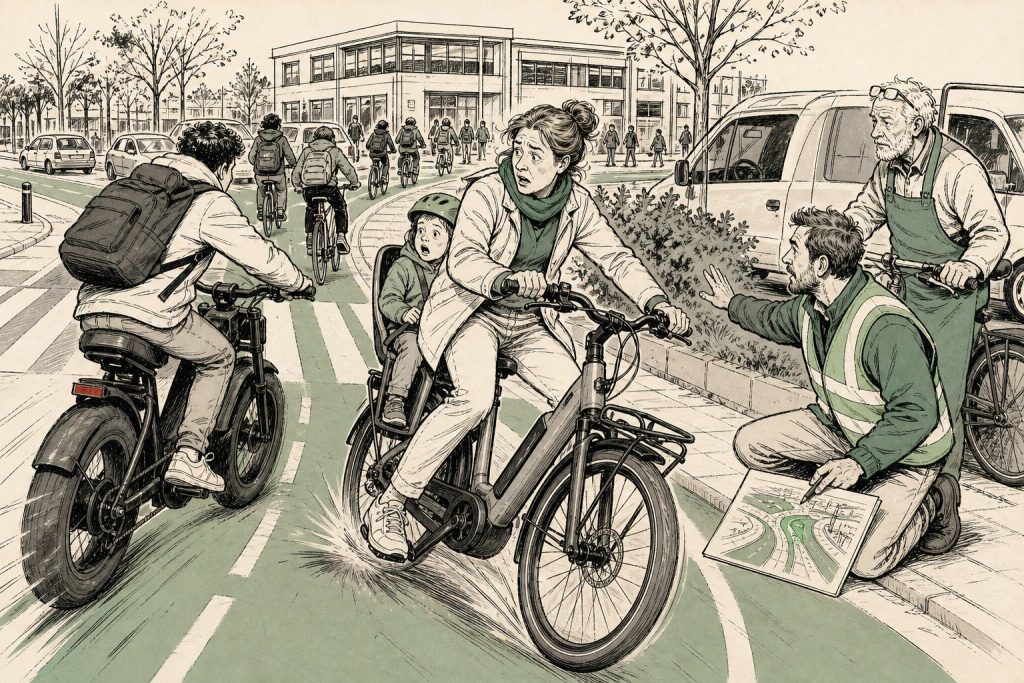 Scholieren op de fiets, een fatbike die inhaalt en een remmende ouder op een e-bike