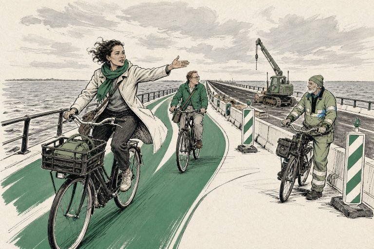 Illustratie: fietsers rijden over het fietspad van de Zeelandbrug terwijl de rijbaan is afgezet met werkhekken.