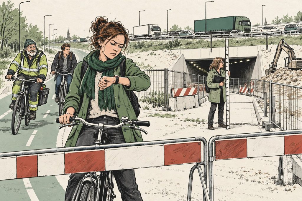 Forenzen fietsen over een breed fietspad langs de snelweg terwijl een landmeter bij een afgezette tunnelmond staat