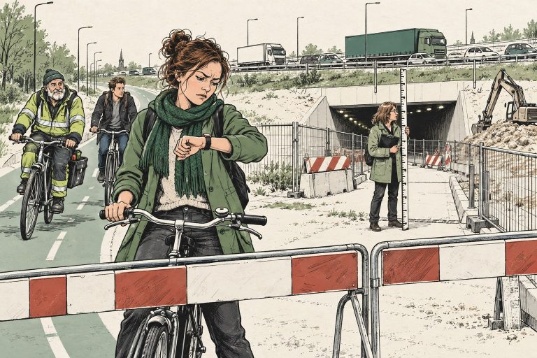 Forenzen fietsen over een breed fietspad langs de snelweg terwijl een landmeter bij een afgezette tunnelmond staat