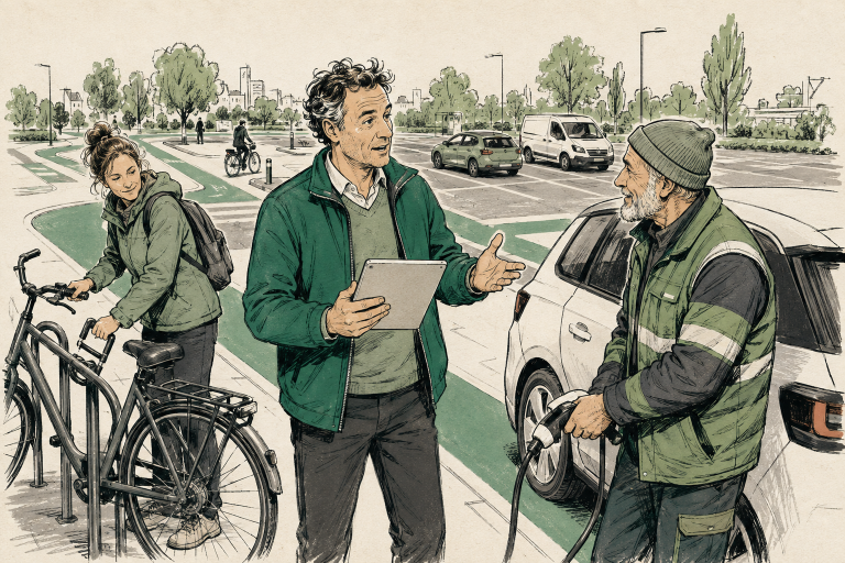 Wagenparkbeheerder praat met een medewerker bij een laadpaal terwijl een collega zijn fiets van het rek haalt