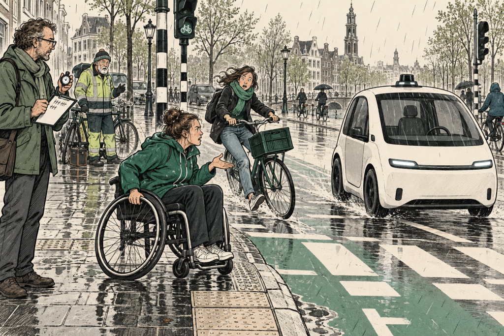 Illustratie: voetganger in rolstoel wacht bij een zebrapad terwijl een zelfrijdende auto doorrijdt en een onderzoeker meet