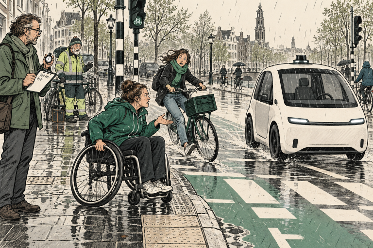 Illustratie: voetganger in rolstoel wacht bij een zebrapad terwijl een zelfrijdende auto doorrijdt en een onderzoeker meet