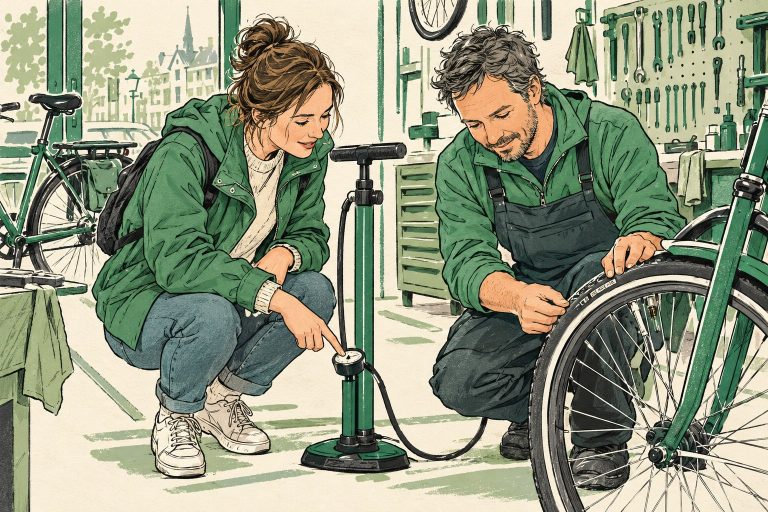 Illustratie van fietsers die een vloerpomp, ventiel en band controleren