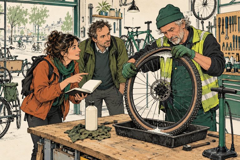 Illustratie van fietsers die vloeibare sealant in een tubeless band controleren